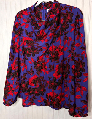 Liz Claiborne Women TOP XXL 18 20 Royal Blue Red Floral Career High Neck Zip NEW