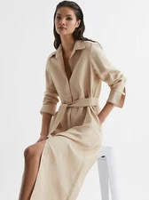 Reiss Phoenix Linen Blend Midi Dress Shirtdress Size 8 Beige
