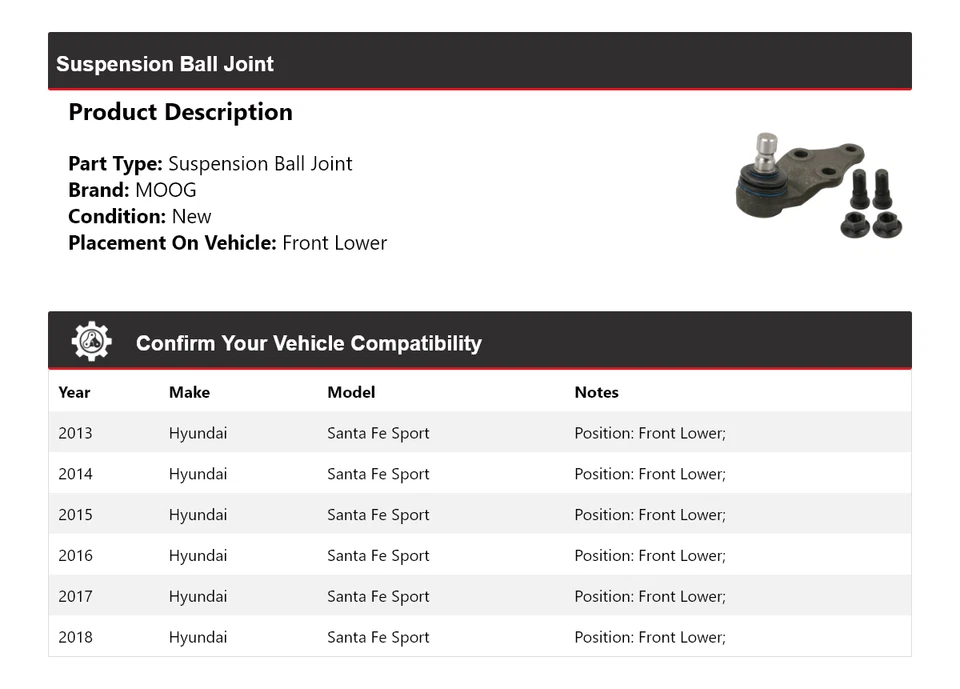 Junta rótula delantera inferior MOOG 2013-2018 suspensión deportiva Hyundai Santa Fe 2013 Foto 2 de 4