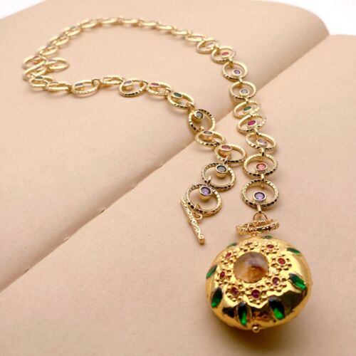 21" Yellow Quartz Green Crystal Pendant Cz Pave Rosary Chain Choker Necklace - Afbeelding 1 van 6
