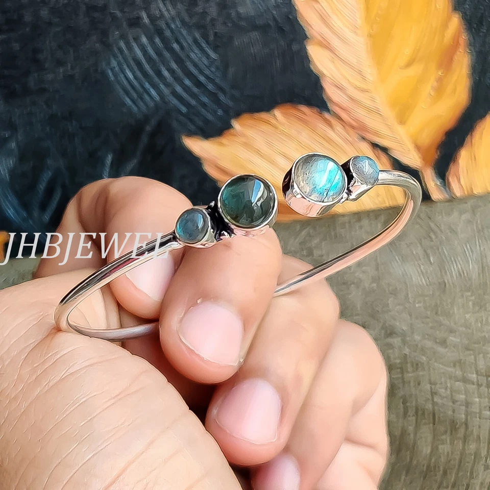 Blue Fire Labradorite Multi Gemstone Cuff 925 Sterling Silver Dainty Bracelet - Image 2 of 4