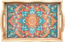 Wooden Serving Trays with Handles 5D Diamond 11.8" x 7.8" x 2.2", Xa Mandala 