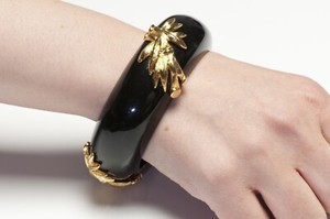 Authentic Vintage Monet Wide Black Resin Gold Plated Bamboo Bangle Bracelet