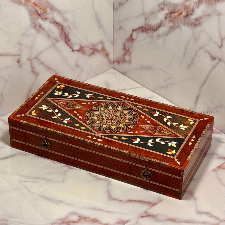 Handmade Backgammon Board Set Rosewood Antique Chess Table Wood Pieces Dice Game - Image 4 of 4