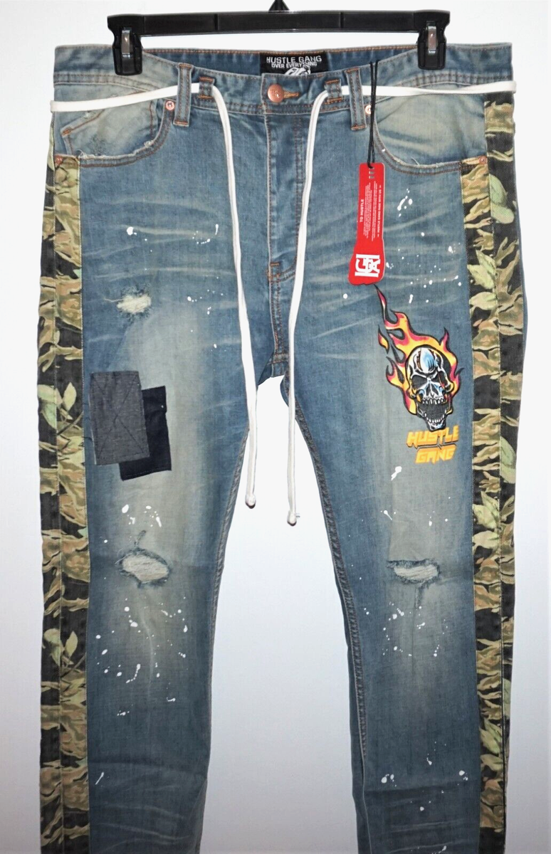 Hustle Gang Mens Blue Jeans 38W Stretch Torn Splatter Camo Skull