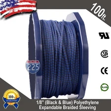 100 FT 1/8" Blue & Black Expandable Wire Sleeving Sheathing Braided Loom Tubing