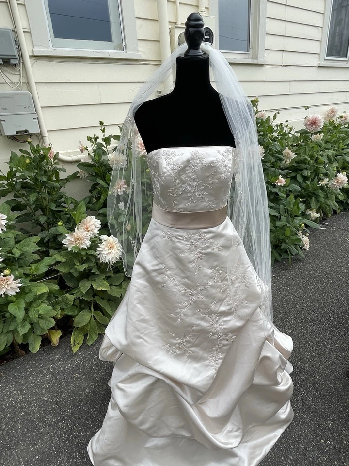 NUEVO CON ETIQUETAS VESTIDO DE NOVIA OLEG CASSINI CHAMPAGNE DE DAVID'S BRIDAL TALLA 6 CT203 Foto 3 de 4