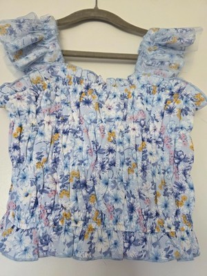 Sara Sara Nordstrom Girls Top Blouse Blue Floral Smocked Ruffle Lace Size 7 NEW