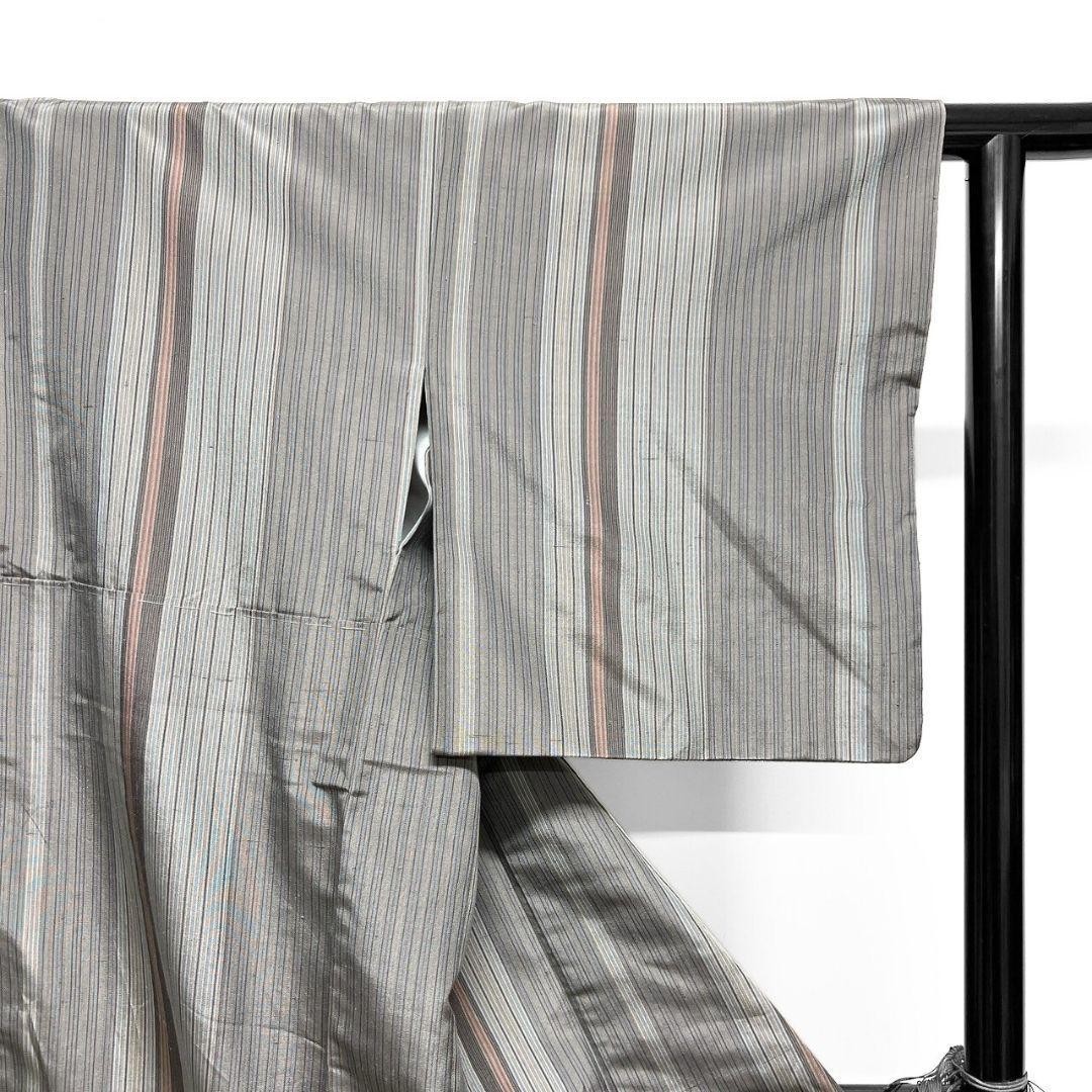 Gray Kimono Small Pattern Pongee Vertical Stripes… - image 5