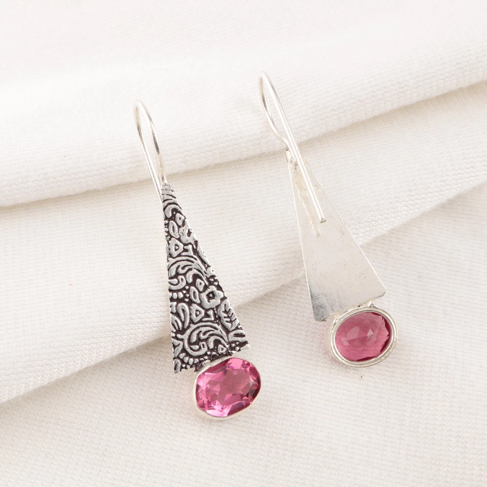 Ювелирные серьги ручной работы из стерлингового серебра 925 пробы с розовым турмалином 1,90 дюйма - Изображение 4 из 4