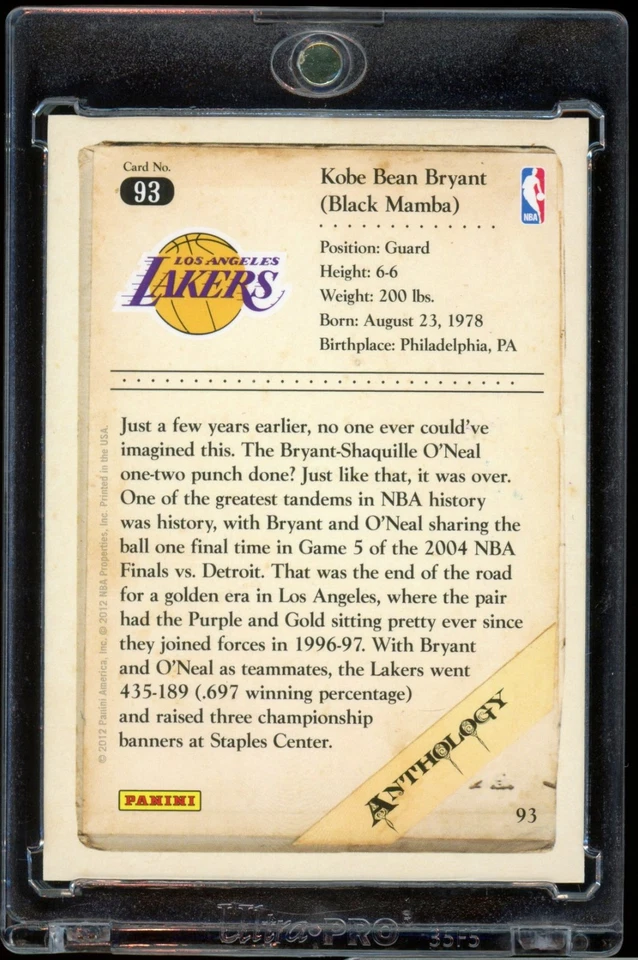 2012 Panini Kobe Anthology KOBE BRYANT w/Shaquille GOLD #93 /24 - Image 2 of 2