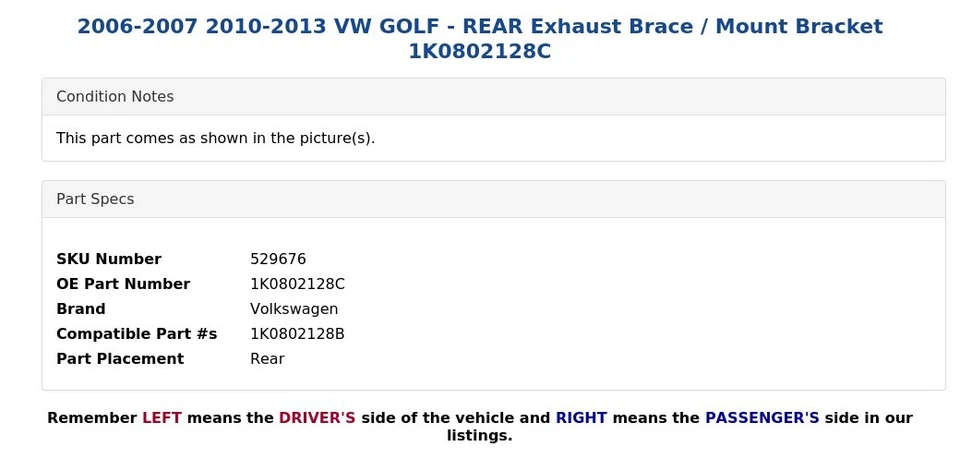 VW GOLF 2006-2007 2010-2013 - Soporte de escape trasero/soporte de montaje 1K0802128C Foto 4 de 4