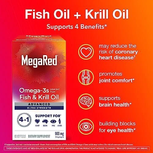 Suplemento de aceite de pescado y krill Megared Omega-3 900 mg - MegaRed Advanced 4 en 1, 60 Foto 3 de 4
