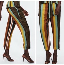 ZARA Striped Multi-Color Satin Pants - Straight Cut Pants w/Pockets Sz. XL 49