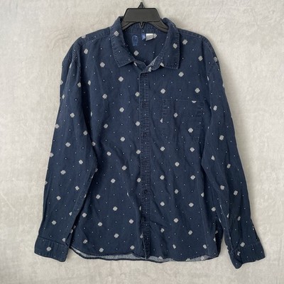 Divided H&M Mens Button Shirt Wester Blue All Over XL Cotton Long Sleeve Collar