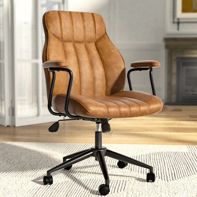 Mid Century Modern Office Chair PU Reclining Ergonomic Desk Chair Rolling  Brown