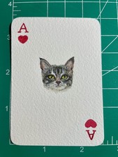Original ACEO Watercolor Poker Card Ace Of Hearts Grey Tabby Cat