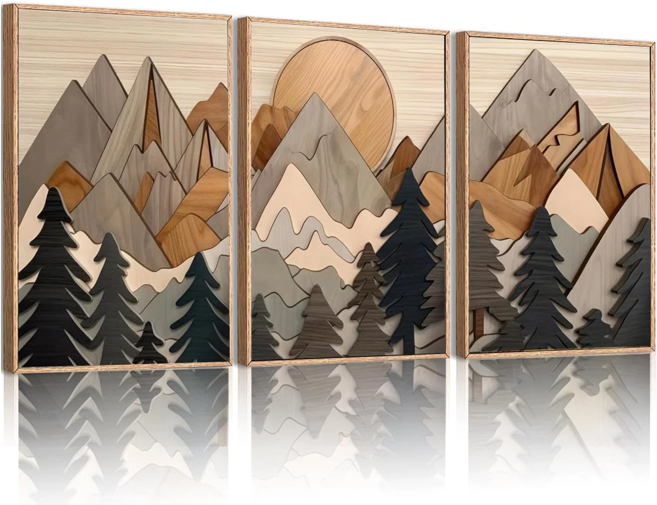 Set of 3 Mountain Wall Art Large Forest Wall Decor Woodcut Wooden Landscape c...