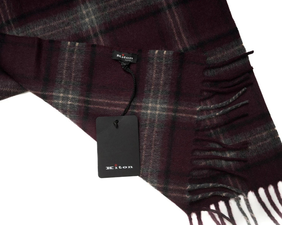 Bufanda Kiton $1,950 NUEVA CON ETIQUETAS Gris Púrpura a Cuadros 100% Cachemira Bebé Flecos 70"X14" Foto 3 de 3