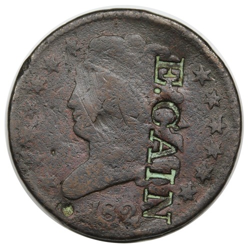 1828 Classic Head Half Cent, C-3, "E.CAIN" counterstamp, Brunk C-106