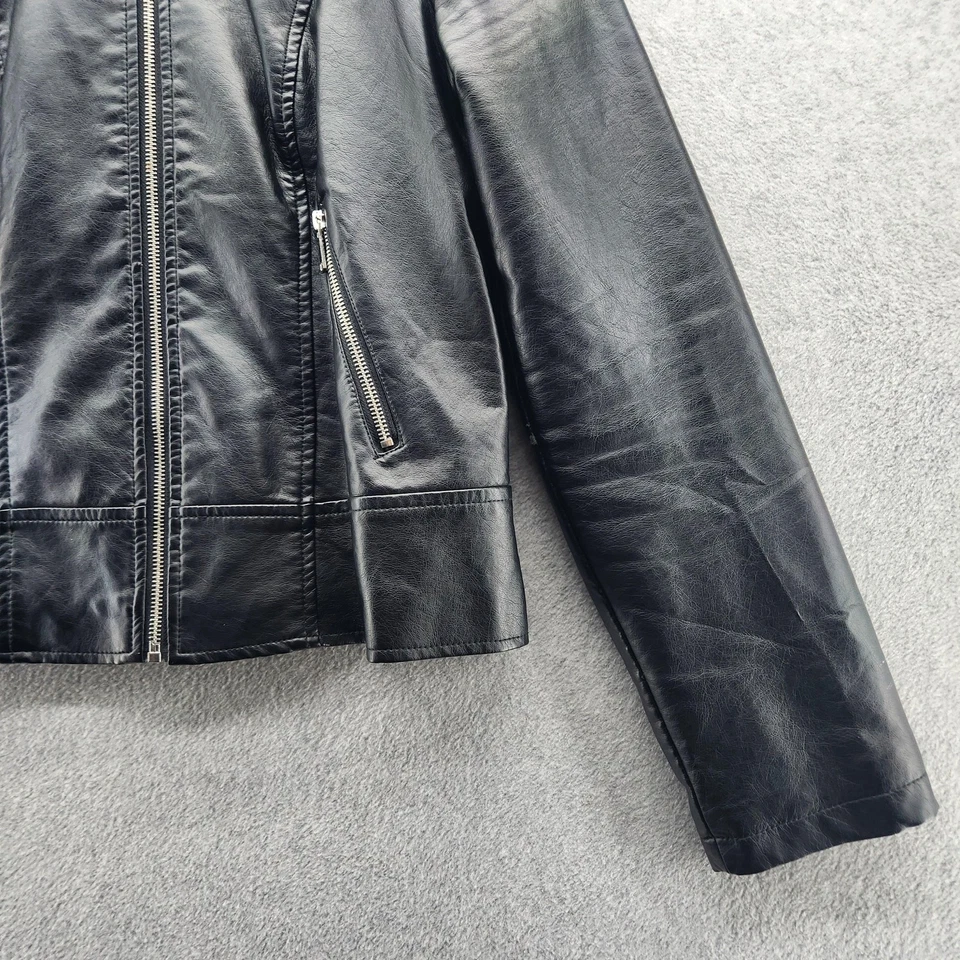 Outer Edge Jacket Womens Large Black Faux Leather Moto Biker Zip Pockets Ribbed - Image 4 of 4