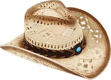 LIVINGSTON MEN  WOMEN'S WOVEN STRAW COWBOY HAT BLUE BEAD BEIGE ST-027
