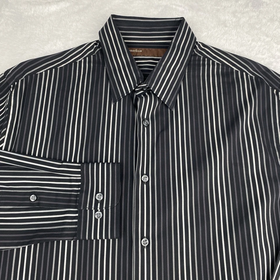 Camisa de vestir Perry Ellis XL para hombre negra marrón gris a rayas 100 % algodón nueva con etiquetas Foto 3 de 4