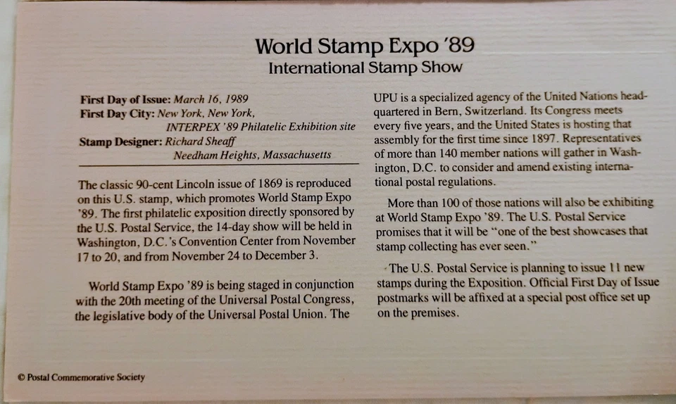 Postal Comm Soc Gold Repl Stamp, 1st Day Iss "World Stamp Expo 89", Mar 16, 1989 - Image 3 of 3