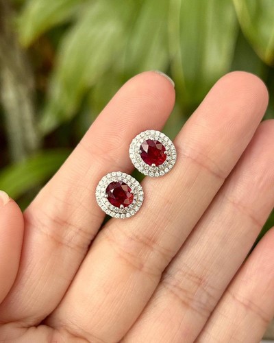 5.20 Ct Oval Ruby & Moissanite Stud Earrings 14k White Gold Over - Picture 4 of 8