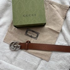 Gucci Brown  Silver Leather GG Marmont Belt - 110CM / 44" - 600 - Authentic