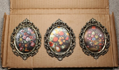 Nuevo de lote antiguo años 80 de colección 3 pequeñas flores enmarcadas en metal tela de seda HOMCO #8826BF Italia - Imagen 6 de 7