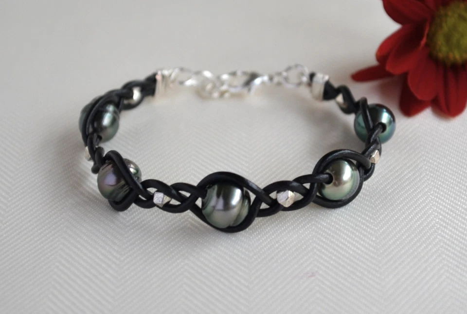 五颗大溪地珍珠手链大溪地珍珠黑色皮革手链手工制作 — 第 2/4 张图片