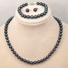 7-8mm Genuine Natural Freshwater Black Pearl Necklace Bracelet Earrings Set 18''