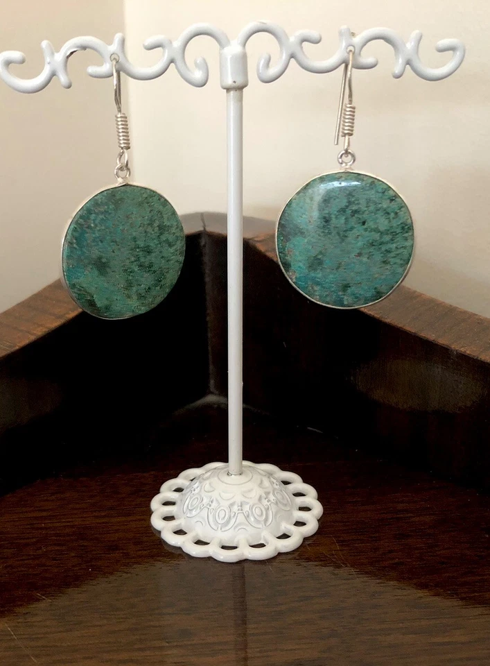Pendientes artesanales de piedras preciosas de crisocola - enchapados en plata - nuevos Foto 2 de 3