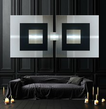 ORIGINAL ABSTRAKT METALL Bild KUNST über Sofa Schwarz Weiß Grau Wandbild Deko XL