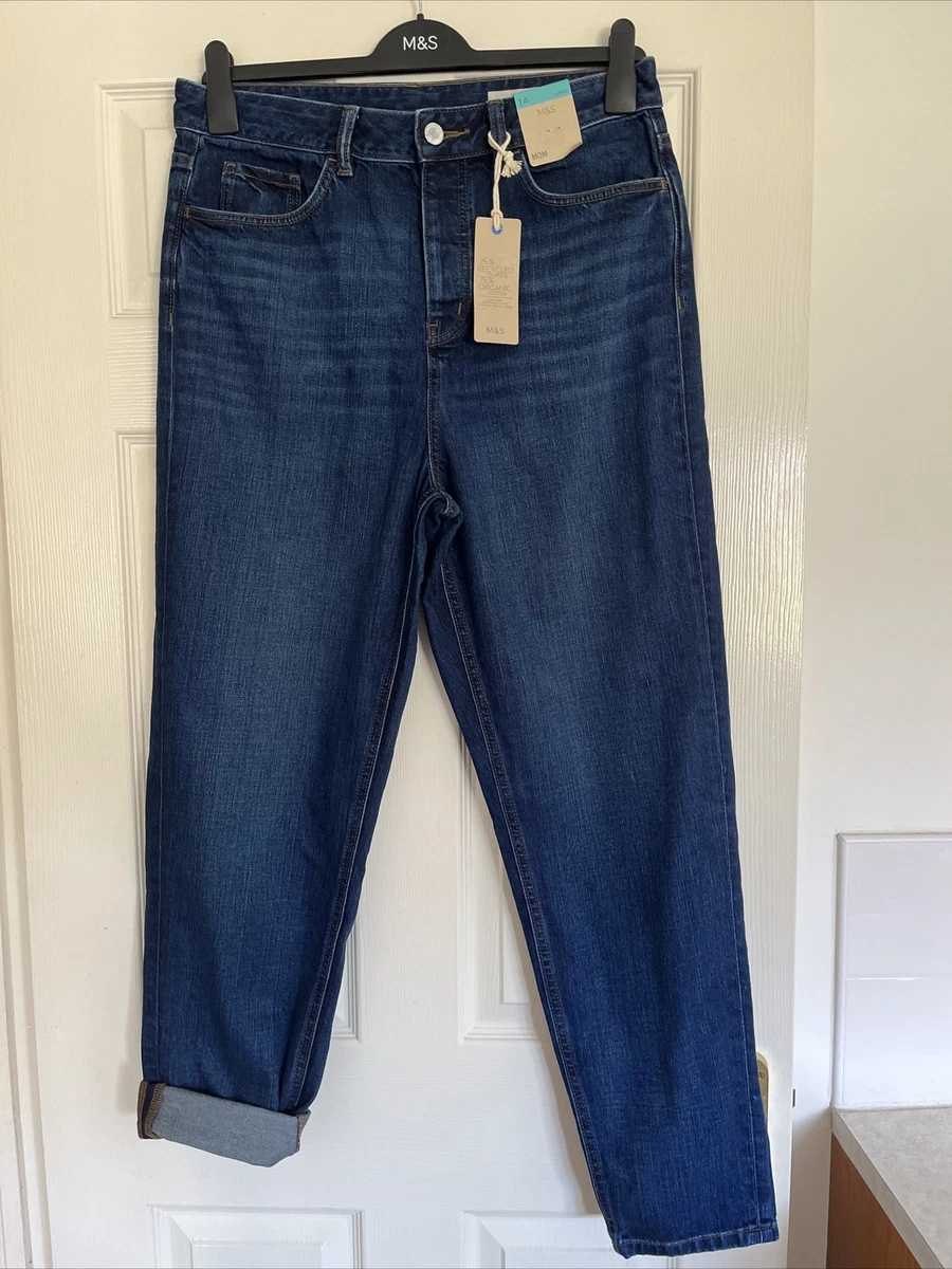MARKS SPENCER WOMENS HIGH WAISTED BUTTON FLY DARK DENIM MOM JEANS Size 14 Long