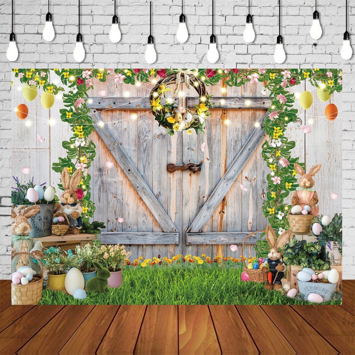 Happy Easter – Décor Fond Toile Vinyle Multicolore, Lapin Et Herbe Rustique