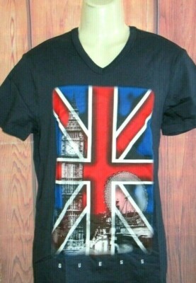 MENS GUESS V-NECK UNION JACK NAVY BLUE T-SHIRT SIZE M
