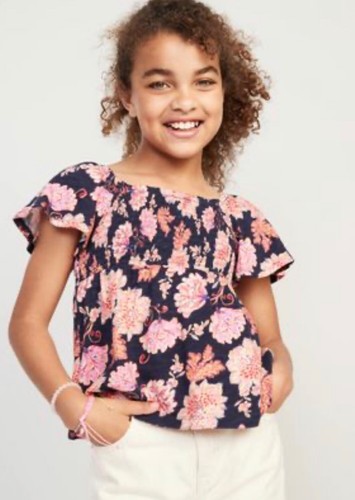 Old Navy Kid Size Large (10-12) Short Sleeved Smocked Swing Top .. $20 .. Floral - Afbeelding 1 van 2