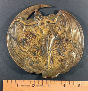 Art Nouveau Frolicking Nude Woman & Crescent Moon Bronze Ashtray, Bat Wings Tray