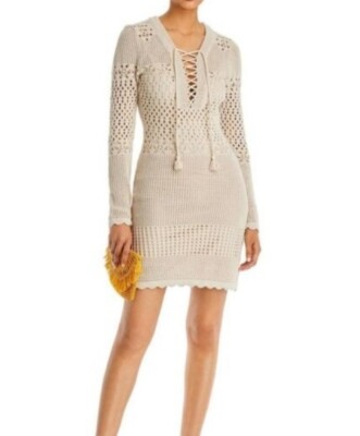 princess polly baby blue dress Aqua Crochet Lace up Mini Dress Women's XL Beige V-Neck Tassel Long Sleeve  New