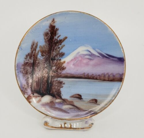 Vintange Miniature Porcelain Landscape Mt. Fuji Plate And Stand Marked Japan - Picture 1 of 4