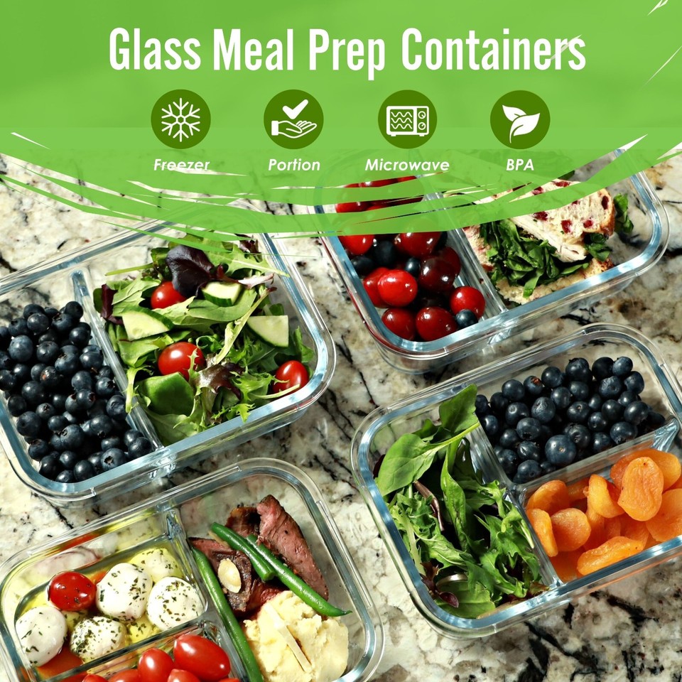 Glass Meal Prep Food Storage Containers (2 & 3 Compartments) 4 Pack, 32 ...