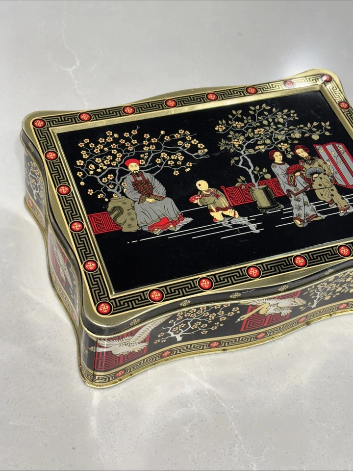 Vintage Collectible Litho Art Deco Storage Tin Tea Box Geisha Florals Cranes - Image 2 of 4