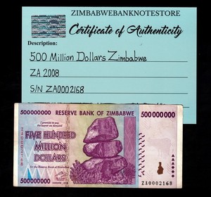 500 Million Dollars Zimbabwe Replacement Banknote 2008 COA Authentic ZA0002168