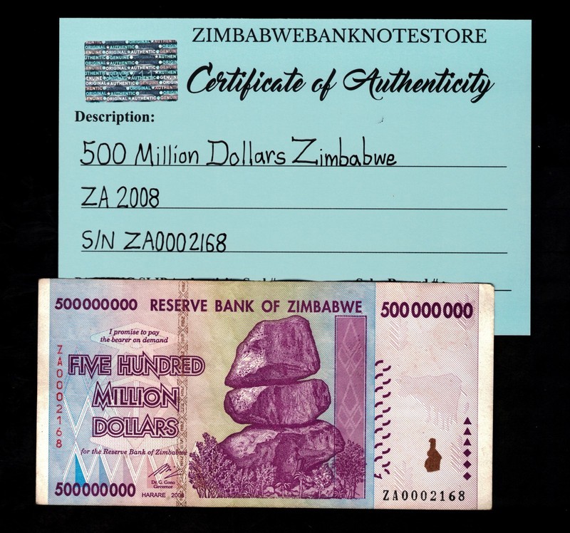 500 Million Dollars Zimbabwe Replacement Banknote 2008 COA Authentic ZA0002168