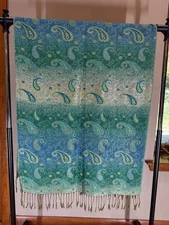 Blues Greens Gold Metallic Pashmina 68" x 27" Scarf Wrap Shawl Paisley Fringe