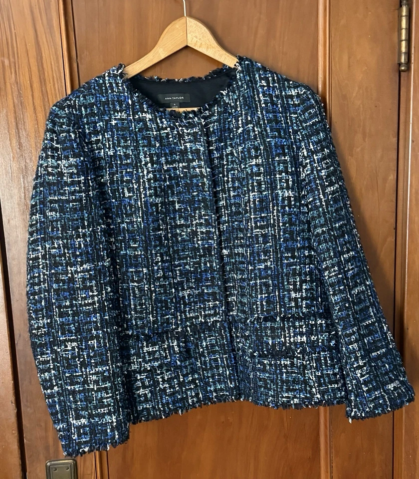 Ann Taylor Blue & Black Tweed Lined Blazer Suit Jacket Career Wear Woman’s 16 - Image 2 of 4