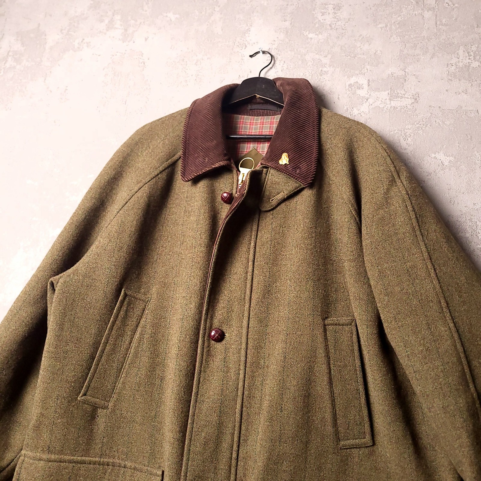 Barbour Derby Tweed Overcoat Mens 46R Regular Olive Green Field Coat Corduroy image 4