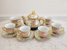 Vintage Tea Set Porcelain Teapot Cups Saucers Floral Gold Trim 13 Pc Japan Style